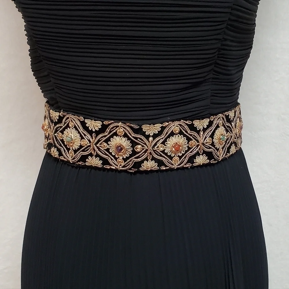 Vintage 80s Silk Gold Silver Metal Filigree Embroidered Tassle Tie-Waist Belt